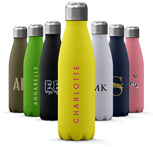 Tirita Personalised Water Bottle - Thermal Travel Flask for Hot & Cold Drinks - Insulated Stainless Steel Bottle - Gym, Office, School Drink Bottles - 500ml water bottle [03- Name in Pink]