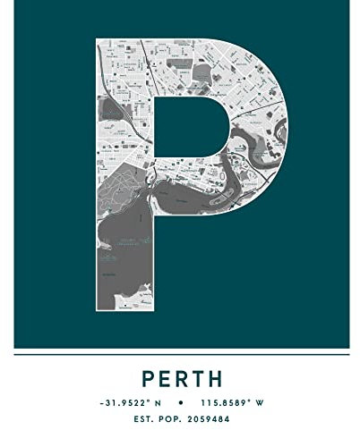 Wee Blue Coo Perth Australien Stadtplan Türkis Ungerahmter großer Druck 46x61 cm