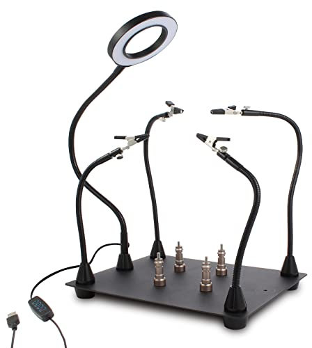 FEITA Helping Hands Soldering Clamp Station, 3X LED Magnifying Glass Lamp with Magnetic PCB Circuit Board Holder, Heavy Duty Base with Flexible Metal Wire Clips Tool