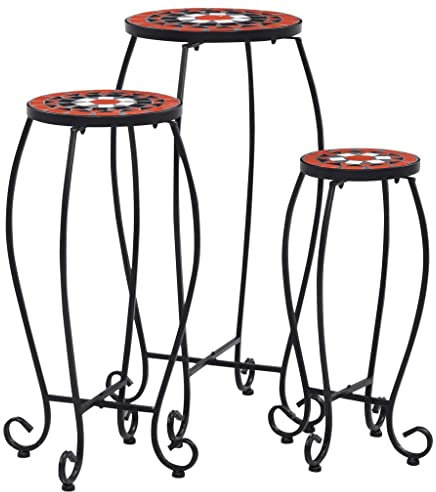 Makastle 3er Set Blumenhocker Beistelltisch Gartentisch Blumentisch Blumenständer Mosaik Tische Terrakotta und Weiß Keramik