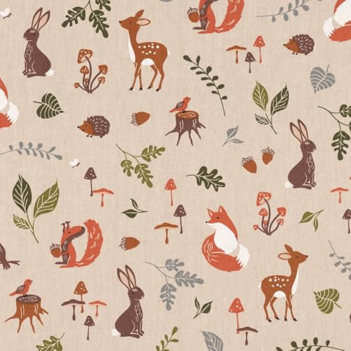 SCHÖNER LEBEN. Dekostoff Forest Wood Animals Waldtiere Pilze Blätter Natur braun gr