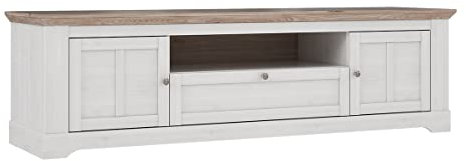 TV-Schrank, 205 cm, 2 Türen, 1 Schublade, 1 Nische, Griffe aus Metall, Dekor Eiche hell, gebleicht, klassischer Chic und Landhausstil – Engel