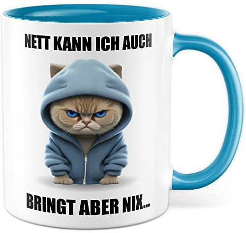 Katzen Tasse Katze Geschenk lustig Katzenmama Geschenkidee Kater Kaffeebecher Katzenpapa Teetasse (Weiß & Blau)