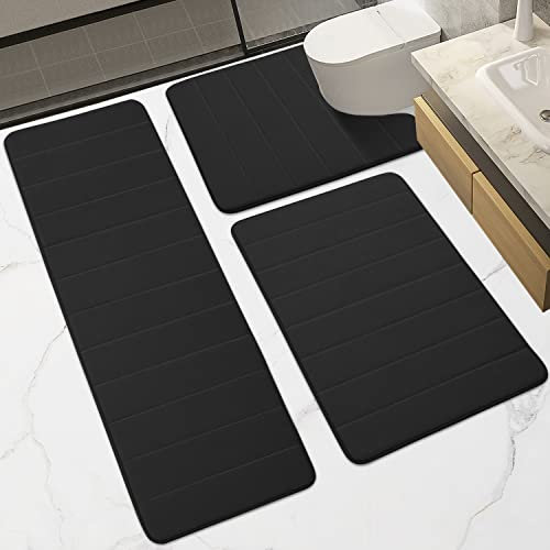 Badematte Rutschfest Badezimmerteppich Set 3 teilig Lang Memoryschaum Badteppich Weicher Saugfähiger Toilettenmatte Badvorleger für Badezimmer Wohnzimmer(Schwarz,60 X 80+U60 X 60+43 X 120cm)