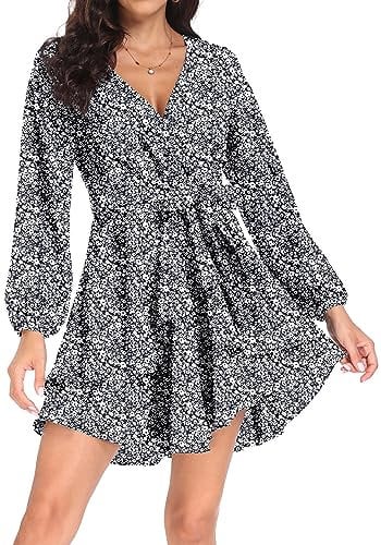 PCEAIIH Women's Cocktail Dresses Long Sleeve Empire Skater Dress Deep V-Neck Waist Tie Ruffle Mini Swing Dresses XL Floral Black