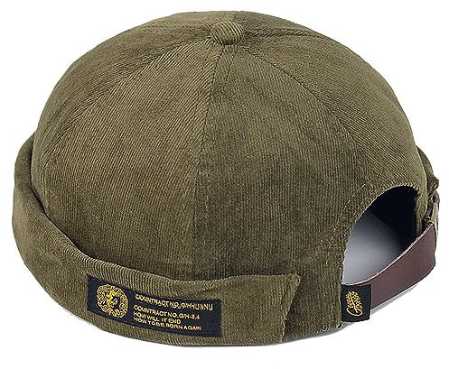 XYIYI Army Grün Herren Cordmütze Dockermütze Brimless Hat Schädelkappe Arbeiter Matrosenmütze Gerollte Manschette Retro Beanie Mütze