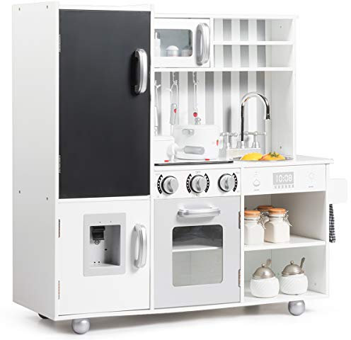GOPLUS Kinderküche aus Holz, Realistische Spielzeugküche mit Kochgeräuschen, Tafel, Abnehmbarer Spüle, Herd & Backofen, Weiße Spielküche mit 7-teiligem Küchenzubehör für Kinder ab 3 Jahre