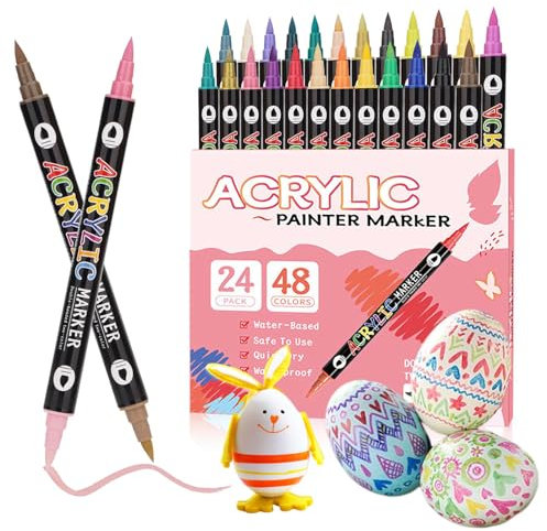 48 Farben Acrylstifte Set, 24 Acrylstifte für Steine wasserfest mit Doppelspitze, Stifte zum Steine Bemalen Acrylmarker Paint Marker Acrylic Stifte für Ostereier Bemalen Eier Glas Holz Papier Stifte