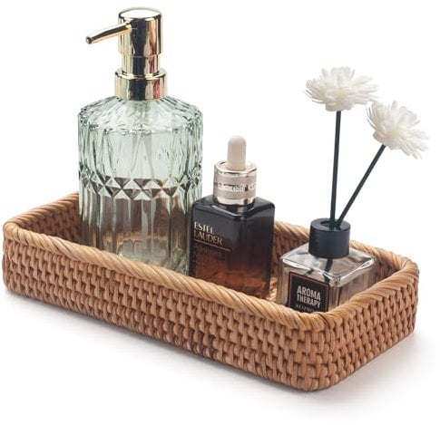 Bandeja Ratán de Baño Cestas Almacenaje Organizador para Toallas de Mano, Decorativas (Natural 26 x 12.5 x 4.5cm)