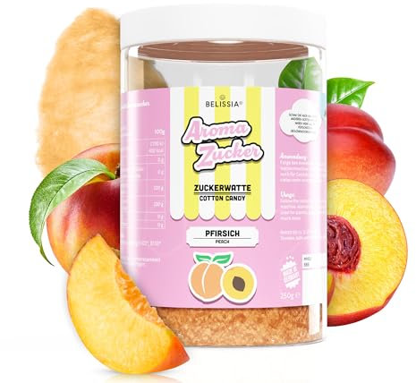 Belissia Aromazucker | 250g Zuckerwatte Zucker mit Pfirsich Geschmack | Intensiver Aromazucker für jede Zuckerwattemaschine | Geeignet für Dessert, Popcorn, Kratzeis, Slush, Cocktails uvm.