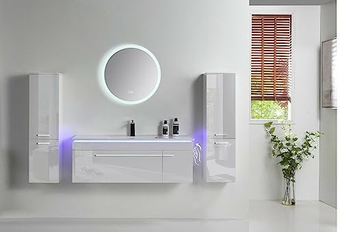 Faizee Möbel | Badmöbel-Set 90 cm in Weiß Hochglanz | Keramik-Waschbecken & Runder LED-Spiegel | Badezimmermöbel mit 2X Seitenschränken | Modernes Design für stilvolle Bäder