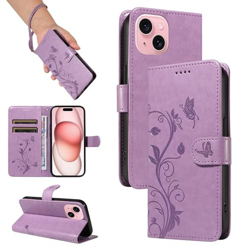 SRISHP Cover per iPhone 15, Magnetica Cover a Libro con Slot per Schede, Custodia in PU Pelle Portafoglio per iPhone 15, Viola