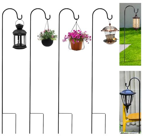 Editbar 4 Stück Garten Schäferhaken, Hirtenhaken Pflanzenhänger Metall Gartenstab mit Haken, 100cm Laternenhalter, Schäferhaken für Solarleuchten, Pflanzenkörbe, Laternen, Vogelhäuschen