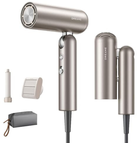 DREAME Pocket Sèche-cheveux Grande Vitesse, 3 Formes pliables, poids léger de 300g, Moteur de 110 000 tr/min, 300 Millions d'ions Négatifs, Température Constante de 57 °C, Séchage en 40s, Gold