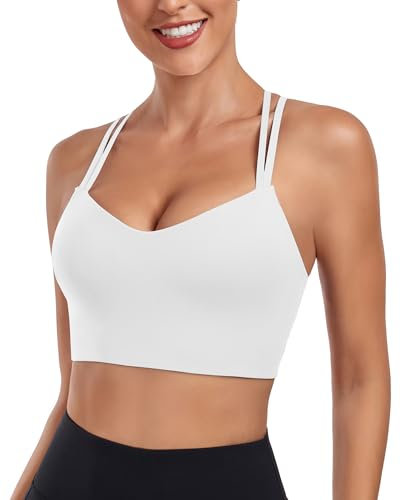 As Fariy Damen Cloud Longline Sport-BH U-Ausschnitt Spaghettiträger Trainings-BH Yoga Crop Tank Top (Weiß,L)