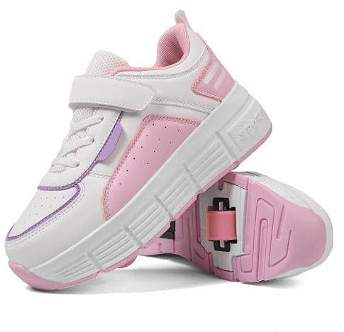 NIKSHI Kinder Schuhe mit Rollen, Skateboardschuhe mit Rollen, Light Rollschuhe Wheels, Sportschuhe Skateboard Outdoor Gymnastik Turnschuhe, für Kinder Mädchen Junge Erwachsene,Pink-32EU