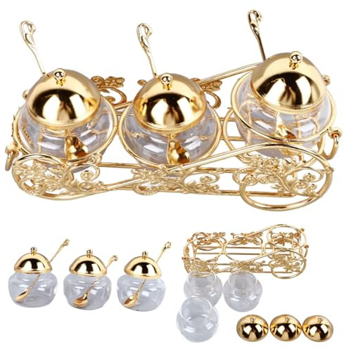 CYTGOUPER Ensemble de 3 Sucriers en Cristal de Style Européen avec Cuillère à Couvercle, Sucrier en verre Pot d'assaisonnement en Verre Poli Pot à Sucre Doré pour la Maison, les Hôtels et les