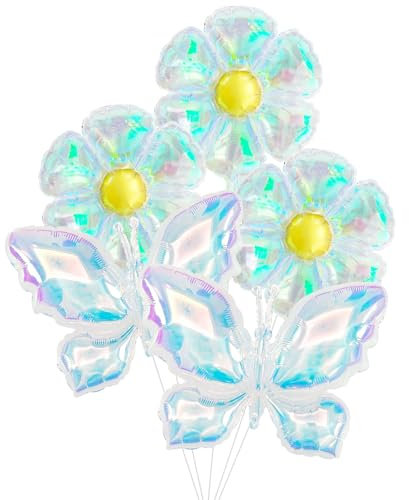 KOBOKO Schmetterling Luftballon Geburtstagsdeko Blumen, 5 Stück Schmetterling Gänseblümchen Luftballons, Folienballon Schmetterling Deko Geburtstag, Blumen Ballons für Geburtstag Hochzeit Deko Mädchen