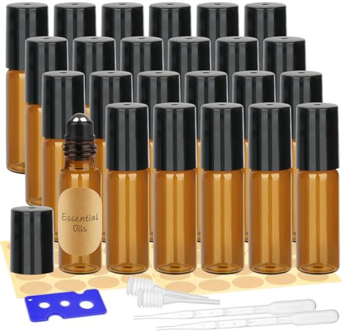 24 Stück Roll on Glasflaschen für Ätherisches Öl, 5ml Roll on Flasche Leer mit Edelstahl-Ball, Braune Rollon Flaschen mit Öffner,Tropfer, Strohhalm, Etiketten für Ätherische Öle, Parfüm, Massage