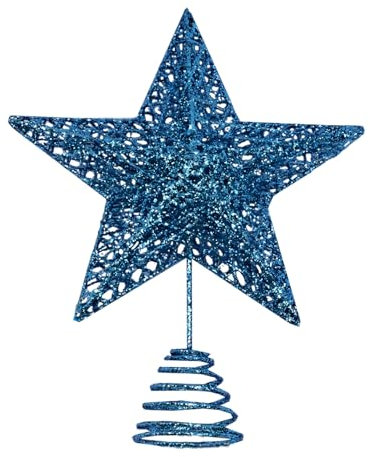 Puntale per albero di Natale in metallo blu glitterato a forma di stella cava per feste di Natale decorazione della casa