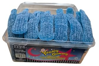 Yummy Gummy Giant Fizzy Blue Raspberry Bottles, HALAL. 1kg Tub, Blue Raspberry Flavoured Gummy Candy