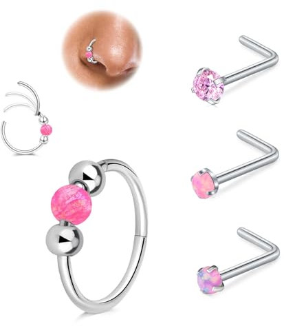 LAURITAMI 18G Opale piercing nez anneau mince 20G acier chirurgical L forme du connecteur piercing nez, oreille septum piercing anneau nez piercing rose set, Nostril Tragus Conch Clicker
