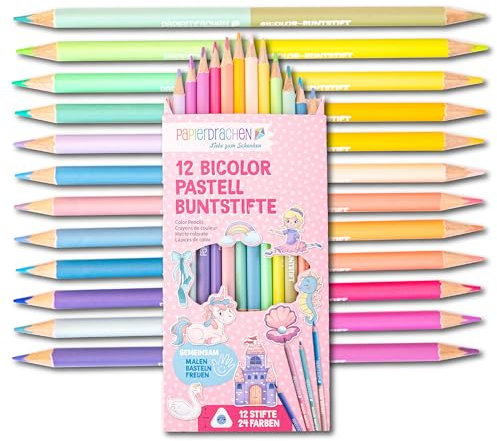 Papierdrachen 12 Bicolor Buntstifte – 24 satte Farben – Set - Holz – dreieckig – bruchsicher – Schule - Kindergarten – Malen – Kinder Pastelltöne