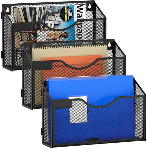 EasyPAG Lot de 3 organiseurs muraux à 3 poches en maille A4 à assembler au mur pour dossiers, courrier, magazines, documents, noir