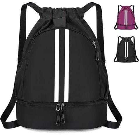 MILAIUN Mode Sport Rucksäcke, Turnbeutel mit Kordelzug, Wasserfest Sporttasche mit Bodenfach und Breit Kordelzug, Basketball Fussballtasche, Rucksack Beutel, für Damen Herren Junior (Schwarz)