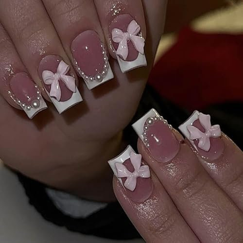 DMQ Short Press on Nails, 24Pcs Square Fake Nails White French Tip False Nails, Pink French Nail Tips with Bow Pearl Charms Design, Glue on Nails Glossy Full Cover Stick on Nail for Women Manicure