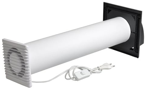 SYSTERM Abluftset Ø 100 mm mit Ventilator, Lüftungsanlage und Außenlüftung Wetterschutzgitter. Kleiner, leiser Lüfter-Set, Lüftungsrohr Ø 100 mm für Wände bis 500 mm Dicke. (Schwarz)