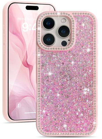 EYZUTAK for iPhone 15 Case, Luxury Bling Shiny Glitter Sequin Phone Case with Sparkly Crystal Diamonds Rhinestone Border Aesthetic Cute Slim Soft Durable TPU Protective Cover for Women Girls-Pink