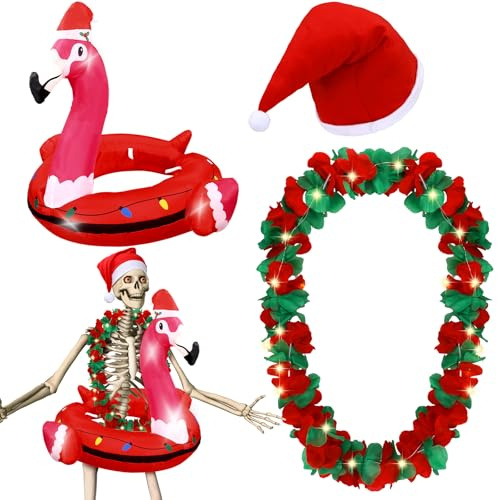 Knitgrip 4 Pcs Summer Hawaiian 12 ft Skeleton Costumes Set Includes Inflatable Flamingo Swimming Ring with Light Red and Green Leis Chest Ring Santa Hat for Xmas Party Garden Lawn Decor