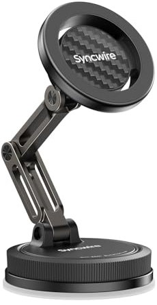 SYNCWIRE for MagSafe Car Mount [3-Axis] Nano Adhesive Gel + Strong Suction Cup Magnetic Phone Holder for Dashboard & Windscreen, 360° Rotatable for iPhone 17 16 15 14 13 12, Samsung, Carbon Fiber