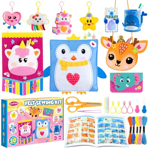 Craft Kits For Kids Ages 4-7 8-12, 10 Easy DIY Sewing Kit For Kids Children | With Tutorial,Tools, Pillow, Hanging Organizer, Bag, Pen And Card Holder,Beginner Sewing Toys And Birthday Gift For Girls