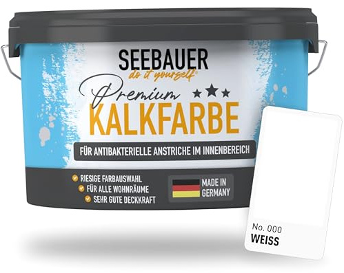 SEEBAUER diy Kalkfarbe Weiß für Innen 5L (No. 000 Weiß) - Antibakterielle Innenfarbe für Putz, Beton & Mauerwerk - Atmungsaktive Mineralfarbe