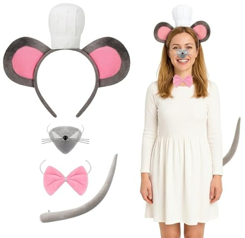 ZcrPrn 4 Pcs Mouse Costume Set, Adult Men Women Grey Rat Outfit with Ears Headband, Tail, Nose and Gray Bow Tie, Professional Animal Fancy Dress Up Kit for Cosplay Masquerade Birthday Party