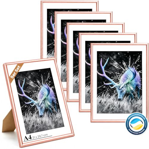 Dmyifan 5er Bilderrahmen DIN A4 Roségold Set, Fotorahmen mit Plexiglas, Hoch- und quer aufhängbarer Rahmen für Fotos. Portraits | Picture Frame
