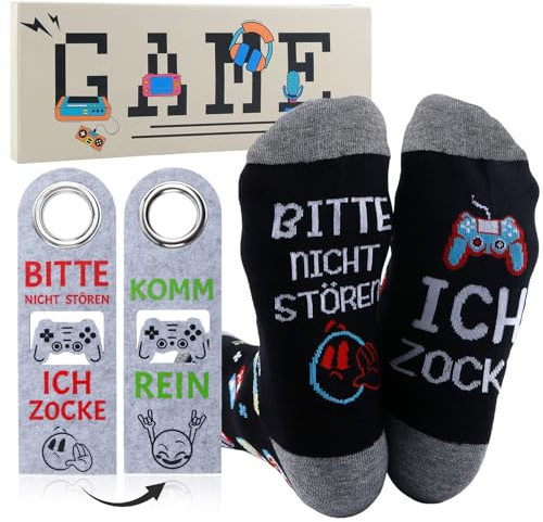 Gamer Geschenk Zocker Geschenk- Lustige Gaming Socken und Doppelseitig Türhänger mit Spruch Bitte Nicht Stören Ich Zocke, Gamers Geschenke für Männer Teenager Coole Sachen Weihnachts Geburtstag