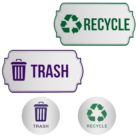 Thrymme 4PCS Recycling Stickers for Bins, Trash and Recycle Stickers Set, Waterproof Self-Adhesive Labels for Indoor & Outdoor Use, Silver Finish