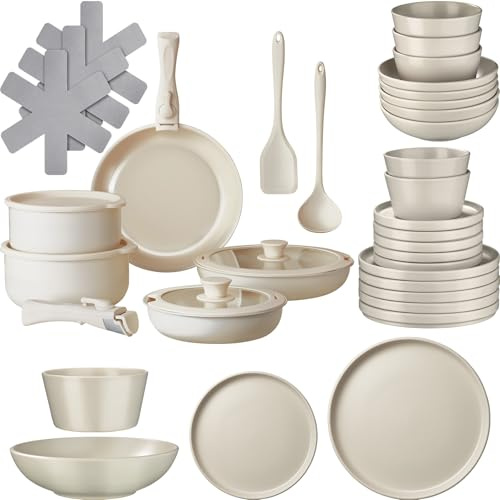tectake® Set de cuisine 40 pièces, Service de table 6 personnes et Batterie de cuisine, Poêles Casseroles, Service vaisselle, Assiettes plates Assiettes creuses, Bol, Spatule Louche, Vaisselle en grès