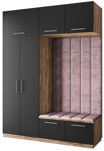 Masseno Flugarderoben Set Rema, Kleiderschrank-Set mit Sitzbank, Garderobenschrank Flur mit 5 Regalböden, Eiche Lefkas/Schwarz