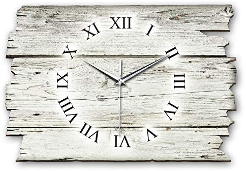 Kreative Feder Designer Wanduhr Holz-Design weiß aus Holz Größe 40x27cm - Wanduhr im Landhaus-Stil Shabby-Style Made in Germany leise ohne Ticken (Holz-Design weiß, leises Quarzuhrwerk)