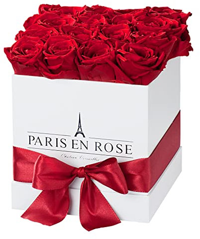 PARIS EN ROSE Rosenbox ECKIG | mit 12 bordeaux-roten Infinity Rosen Größe XL | eckige, weiße Box mit Schleife | ewige Rose | 3 Jahre haltbar | Grußkarte