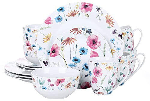 VEWEET Geschirrset 4 Personen, 16-tlg. Porzellan Tafelservice, Modernes Kombiservice mit Speisetellern, Desserttellern, Müslischalen & Kaffeebechern, Spülmaschinen- & Mikrowellengeeignet, Serie DORIS