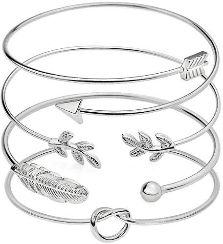 Suyi 4 Stück verstellbares Manschettenarmband Stackable Wrap Bracelet Set mit offenem Drahtarmreif für Frauen Silver