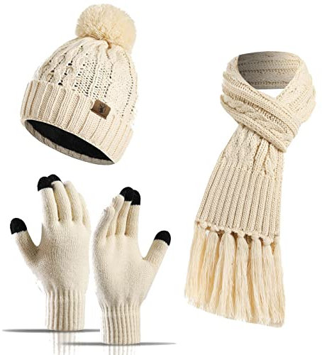 INSISMY Mütze Schal handschuhe Set Winter Weich Warm Pelzgefütterte Bommelmütze Langer Schal mit Quaste und Touchscreen Handschuhe Set 3-teiliges Melange Gestrickt Damen Unisex Beige