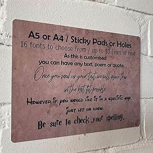 Personalised Printed Metal Sign A4 Customised with 16 fonts