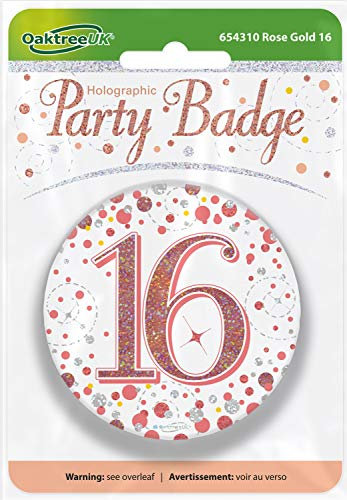 Oaktree 3 Badge 16th Birthday Sparkling Fizz Rose Gold Holographic