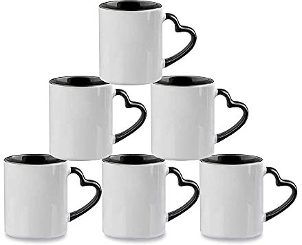 MR.R Sublimation Blank Dishwasher Ceramic Mug,Blank Coated Cup,Sublimation Blank Mugs,Classic Cup with Black Color Inner Mug and Heart Handle,11oz,Set of 6 pcs per Carton